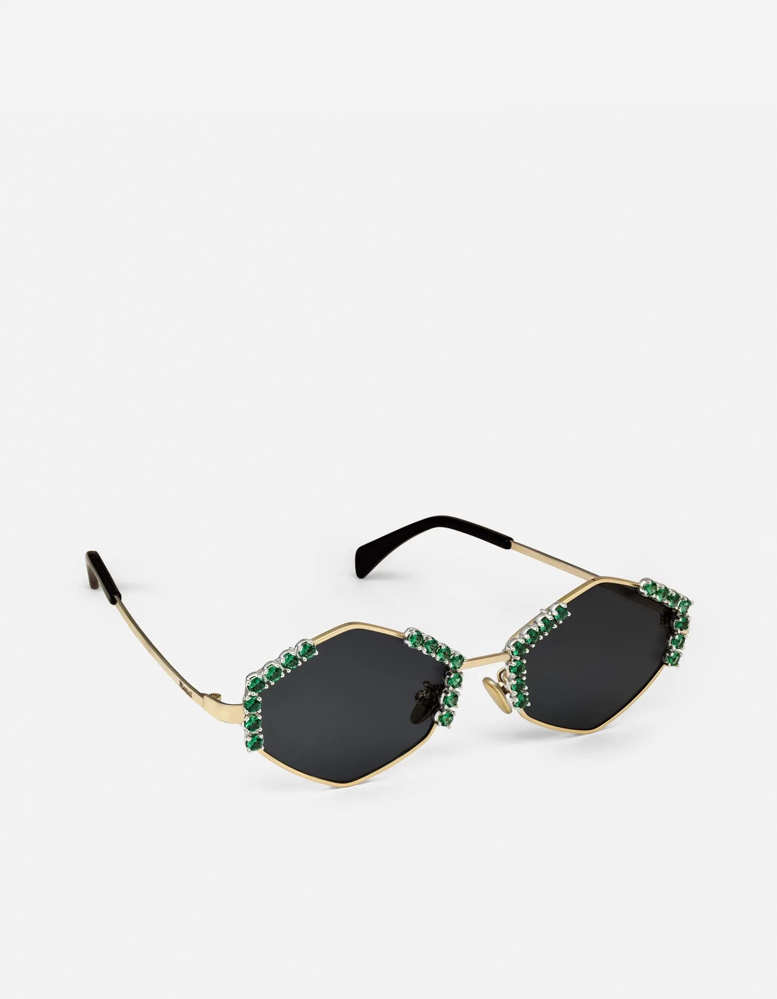 Astor Hexagon-Frame Sunglasses, Sterling Silver/Emeralds