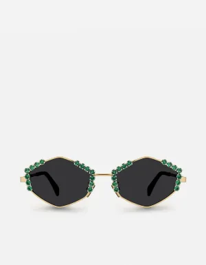 Astor Hexagon-Frame Sunglasses, Sterling Silver/Emeralds