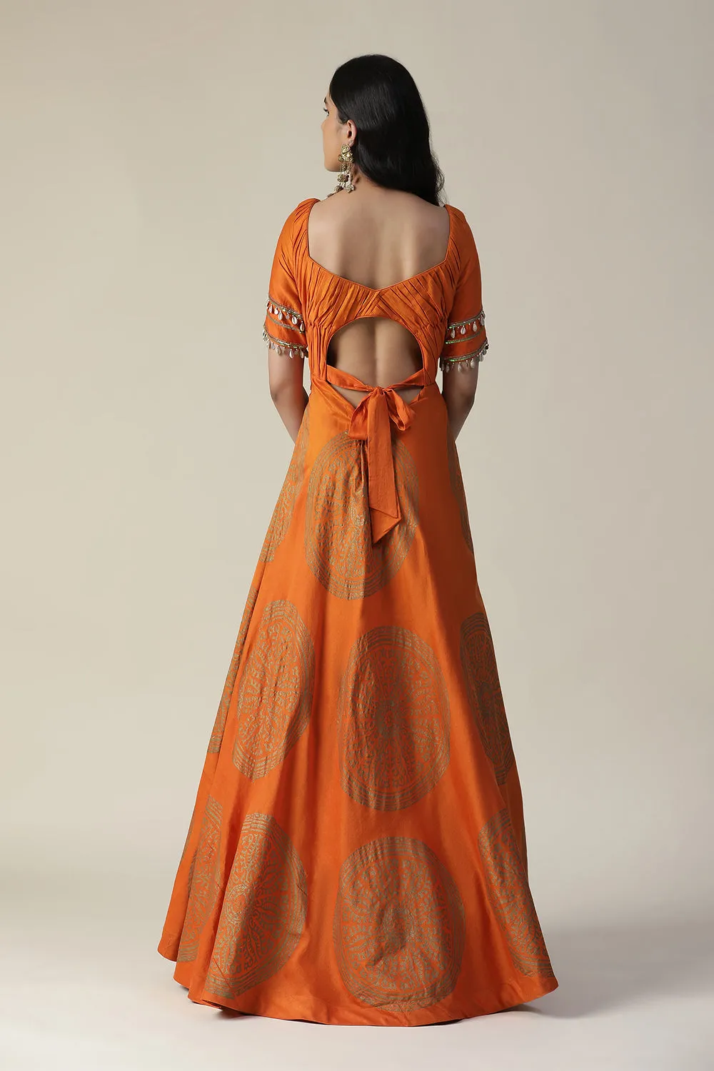 Burnt Orange Foil Printed Chanderi Gown With Dupatta Set