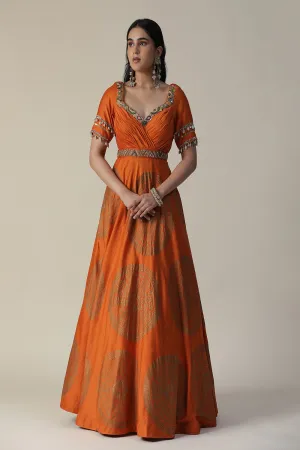 Burnt Orange Foil Printed Chanderi Gown With Dupatta Set