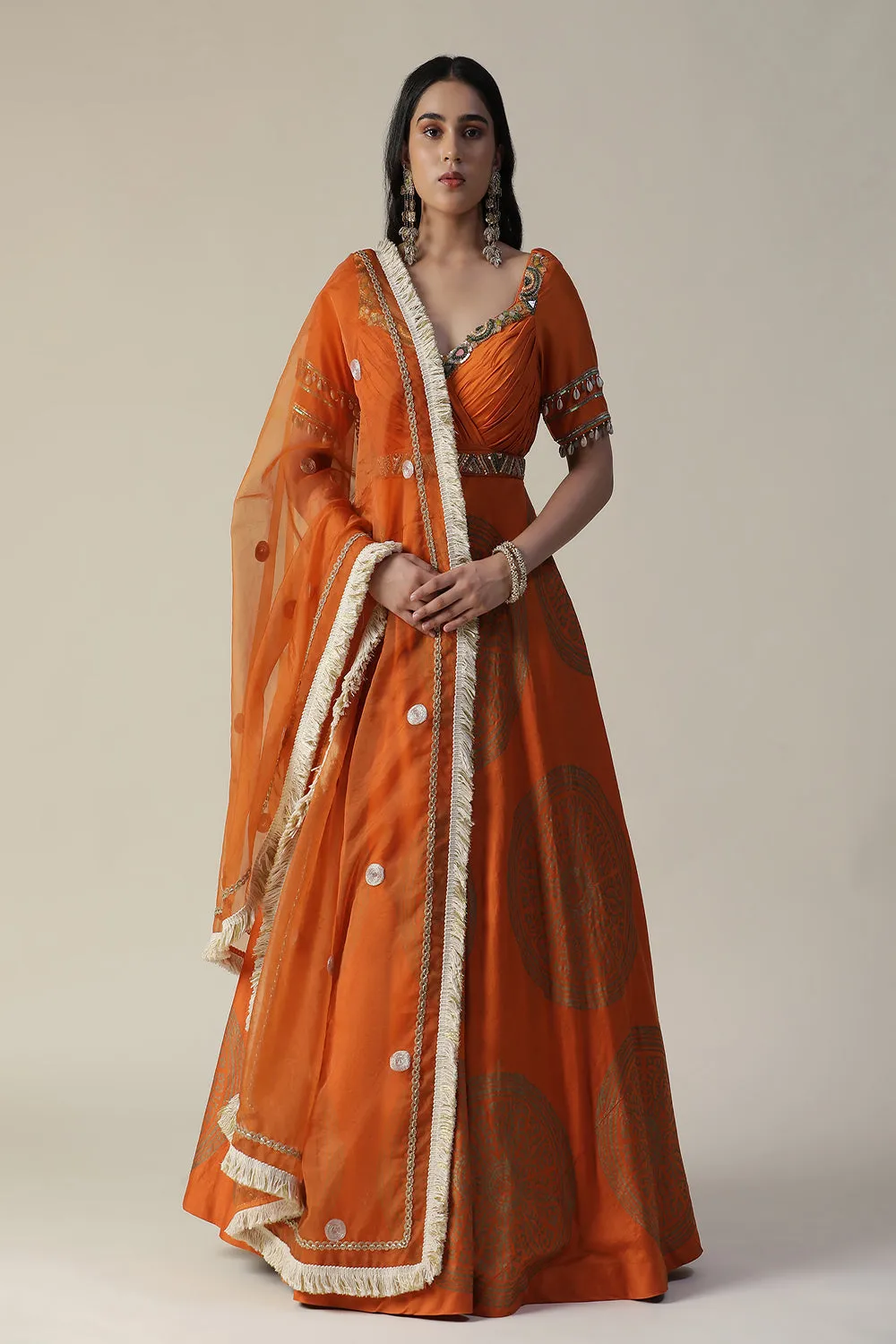 Burnt Orange Foil Printed Chanderi Gown With Dupatta Set