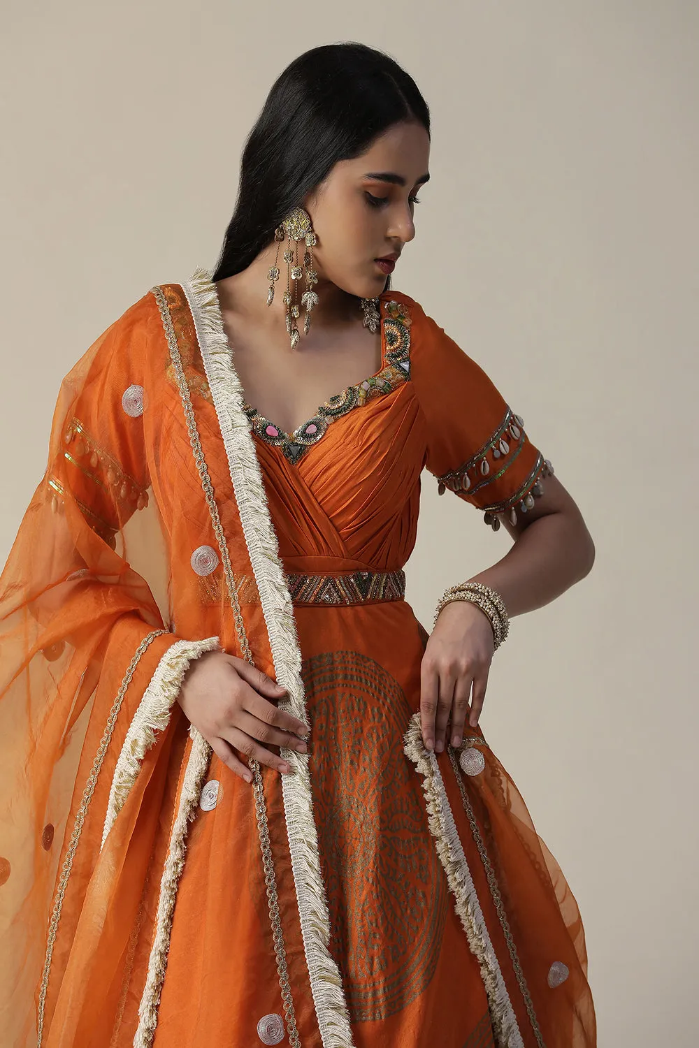 Burnt Orange Foil Printed Chanderi Gown With Dupatta Set