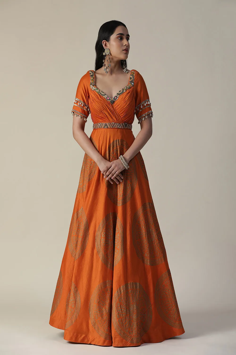 Burnt Orange Foil Printed Chanderi Gown With Dupatta Set