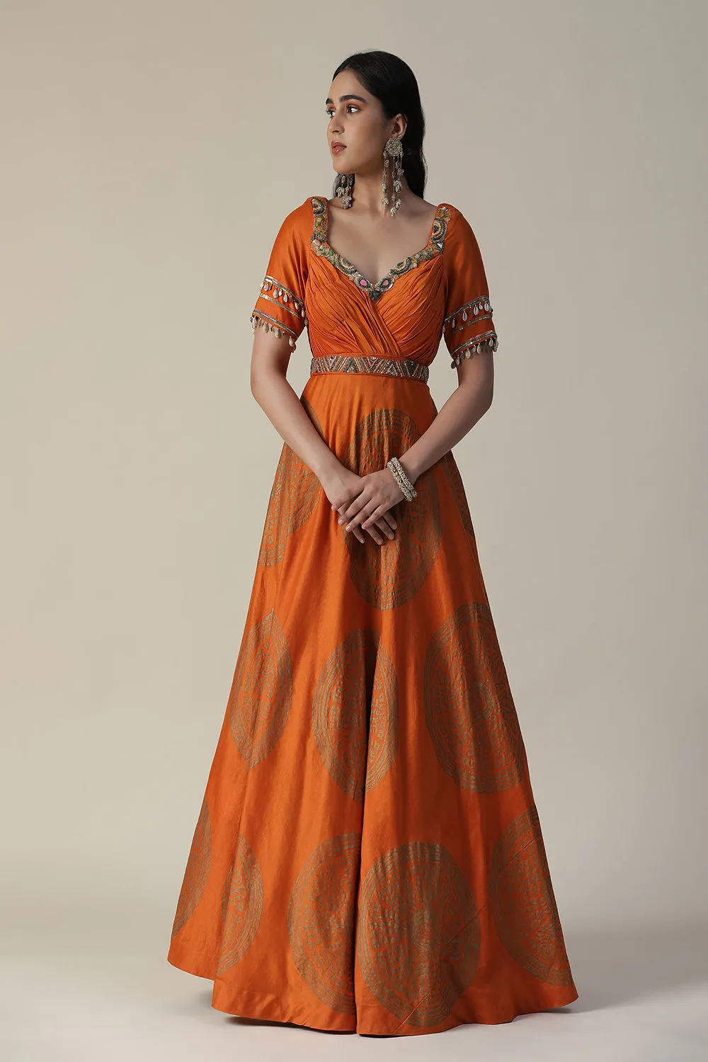 Burnt Orange Foil Printed Chanderi Gown With Dupatta Set