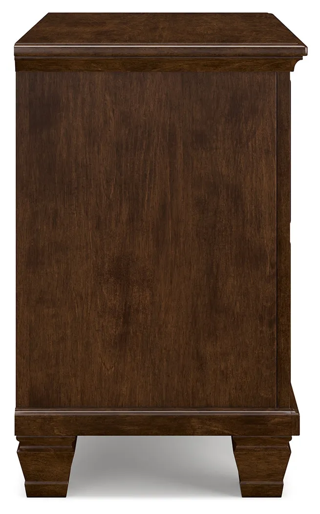 Danabrin Queen Panel Bed with Mirrored Dresser and Nightstand in Brown