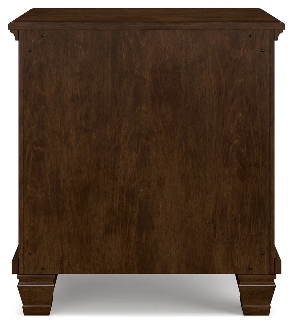Danabrin Queen Panel Bed with Mirrored Dresser and Nightstand in Brown