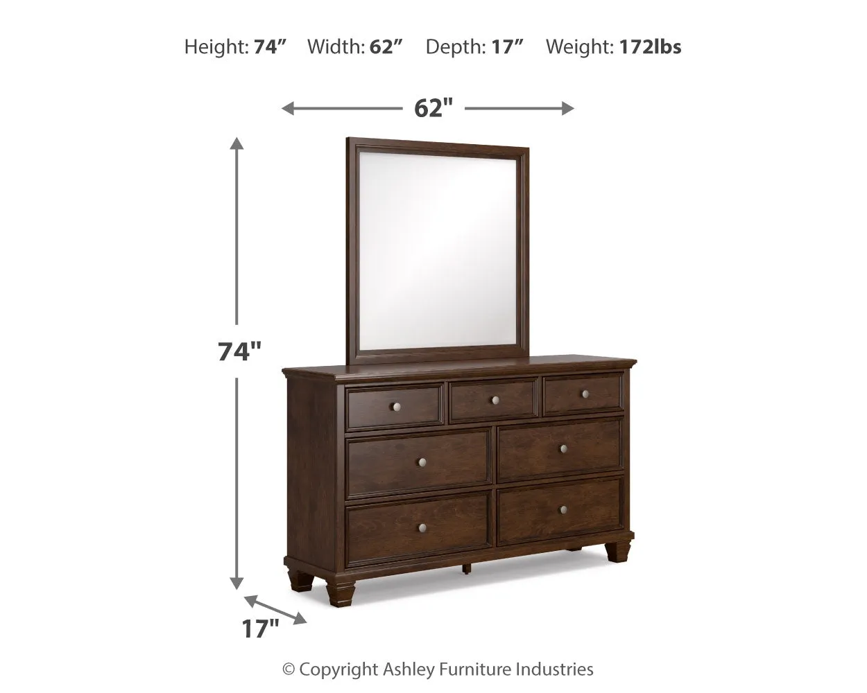Danabrin Queen Panel Bed with Mirrored Dresser and Nightstand in Brown