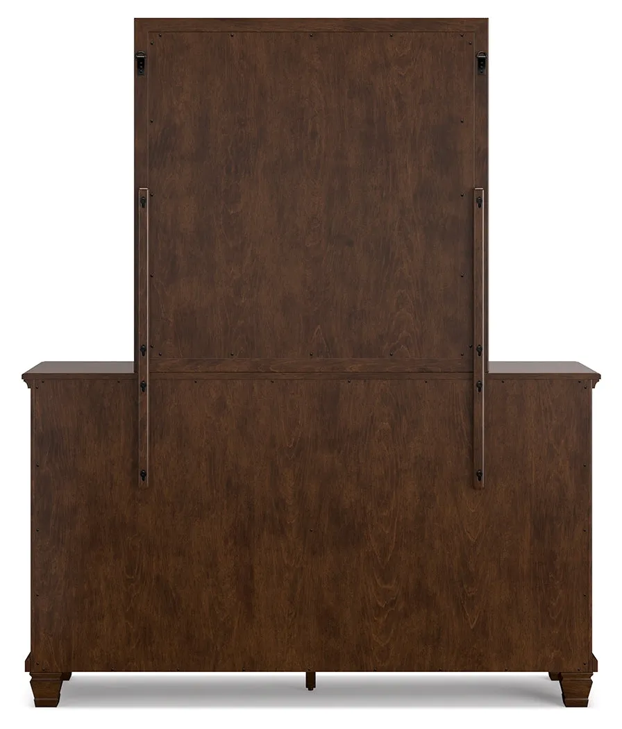 Danabrin Queen Panel Bed with Mirrored Dresser and Nightstand in Brown