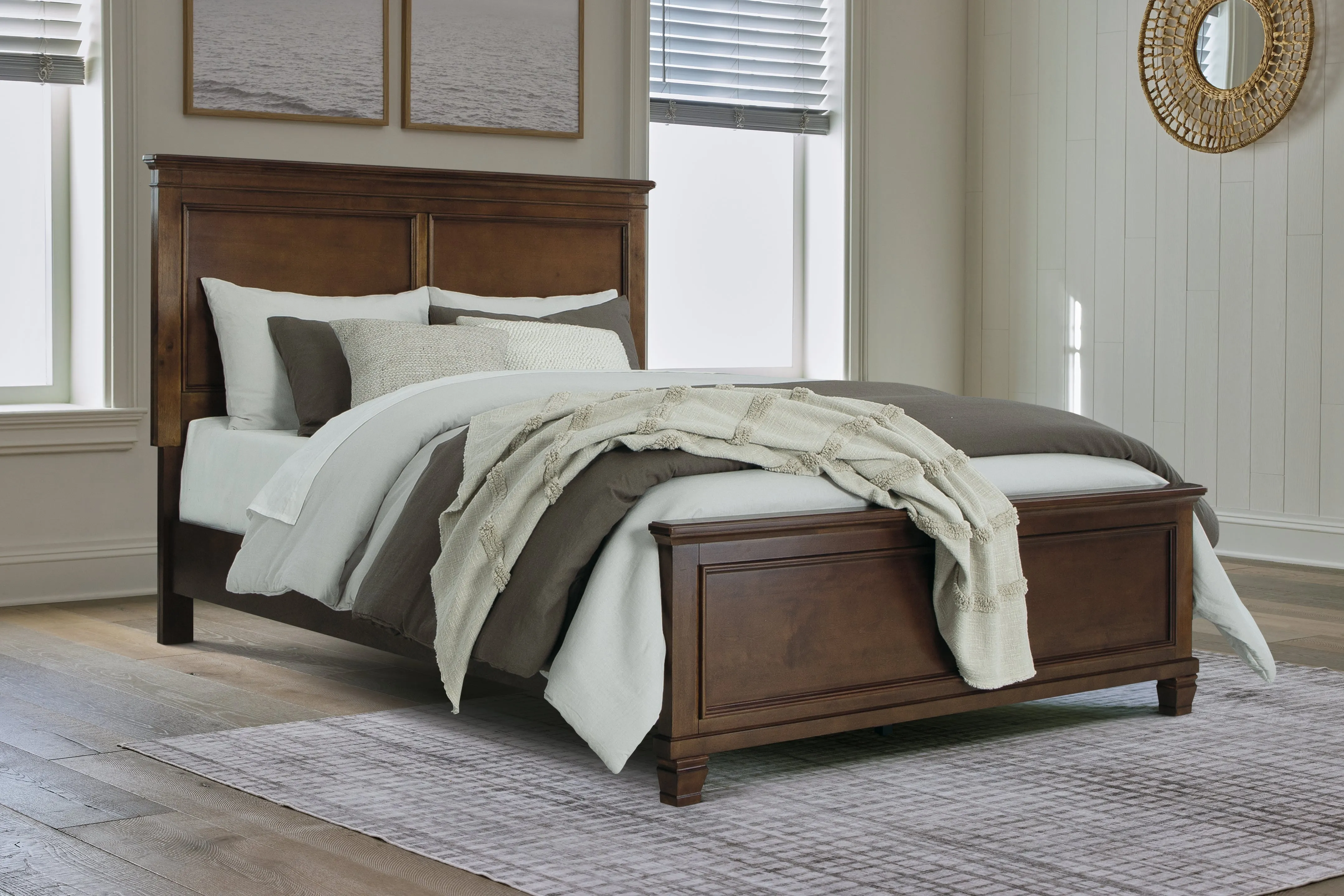 Danabrin Queen Panel Bed with Mirrored Dresser and Nightstand in Brown
