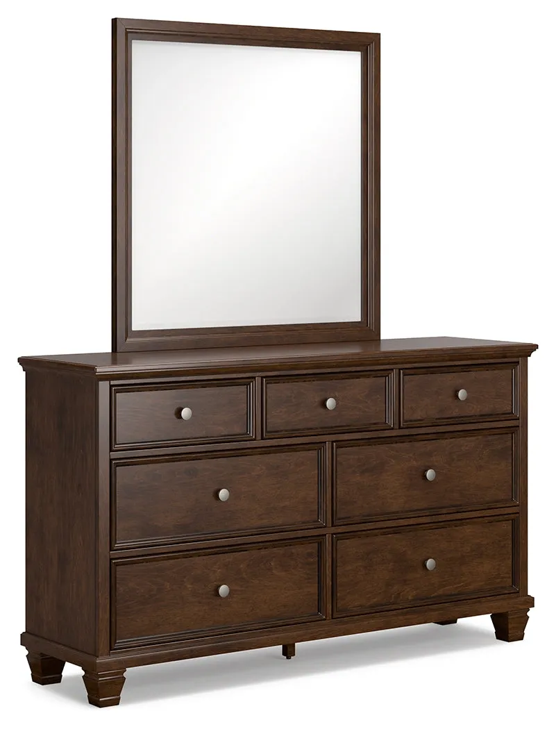 Danabrin Queen Panel Bed with Mirrored Dresser and Nightstand in Brown