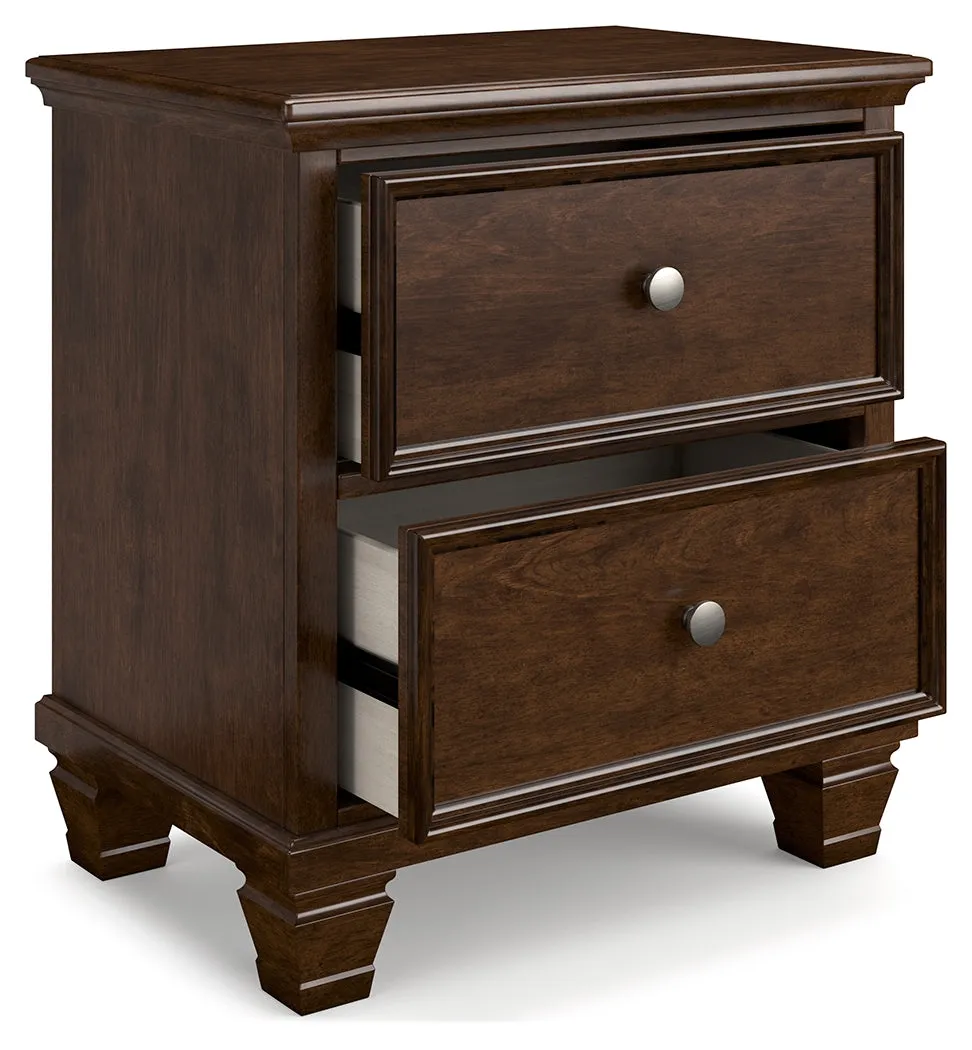 Danabrin Queen Panel Bed with Mirrored Dresser and Nightstand in Brown