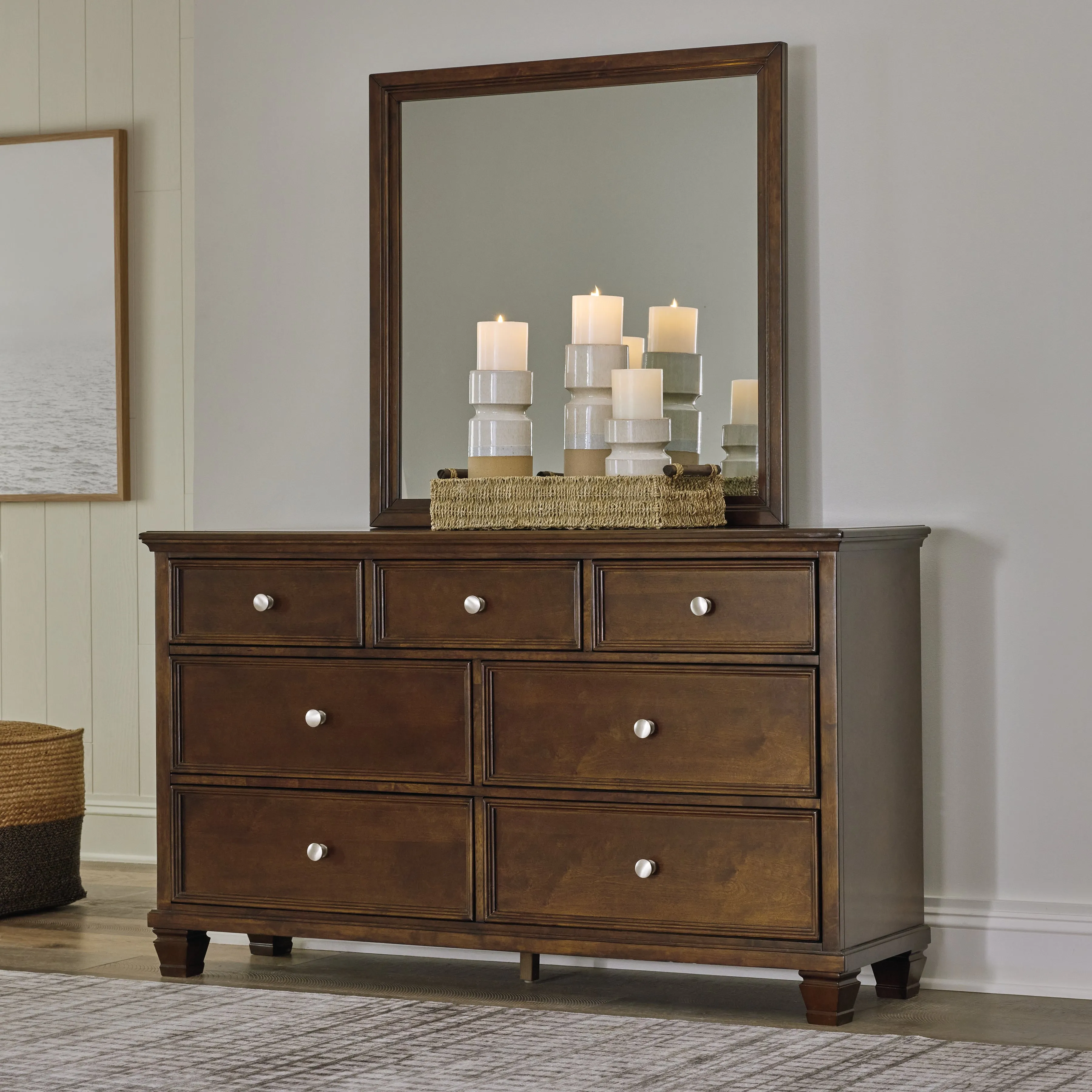 Danabrin Queen Panel Bed with Mirrored Dresser and Nightstand in Brown