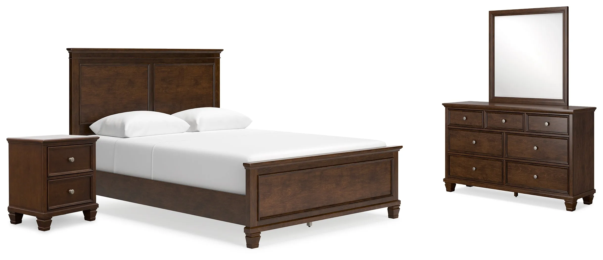 Danabrin Queen Panel Bed with Mirrored Dresser and Nightstand in Brown