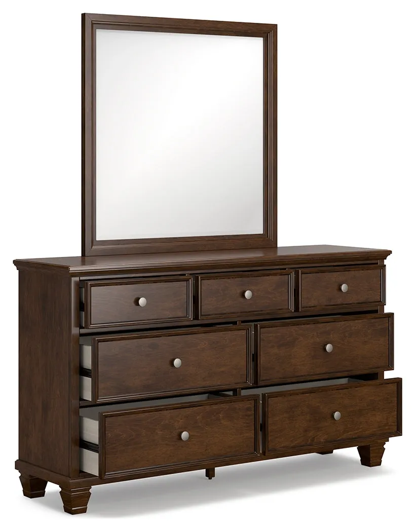 Danabrin Queen Panel Bed with Mirrored Dresser and Nightstand in Brown