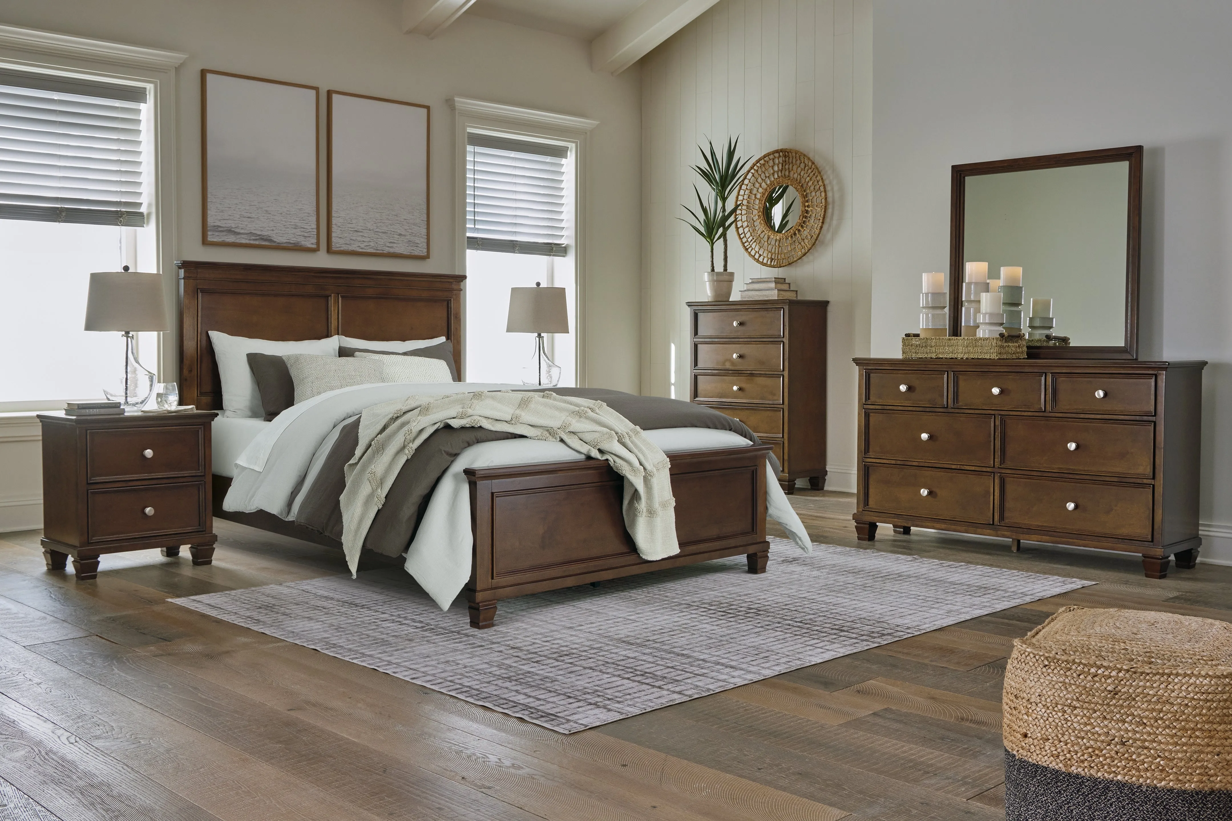 Danabrin Queen Panel Bed with Mirrored Dresser and Nightstand in Brown