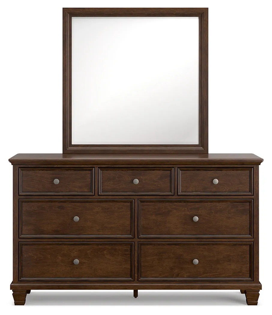 Danabrin Queen Panel Bed with Mirrored Dresser and Nightstand in Brown
