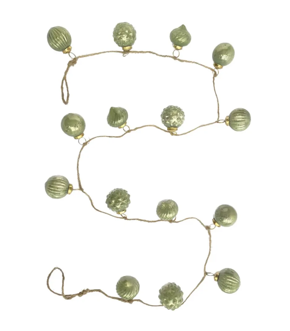Olive Green, Embossed Recycled Mercury Glass Ball Ornament Garland w/ Jute Cord
