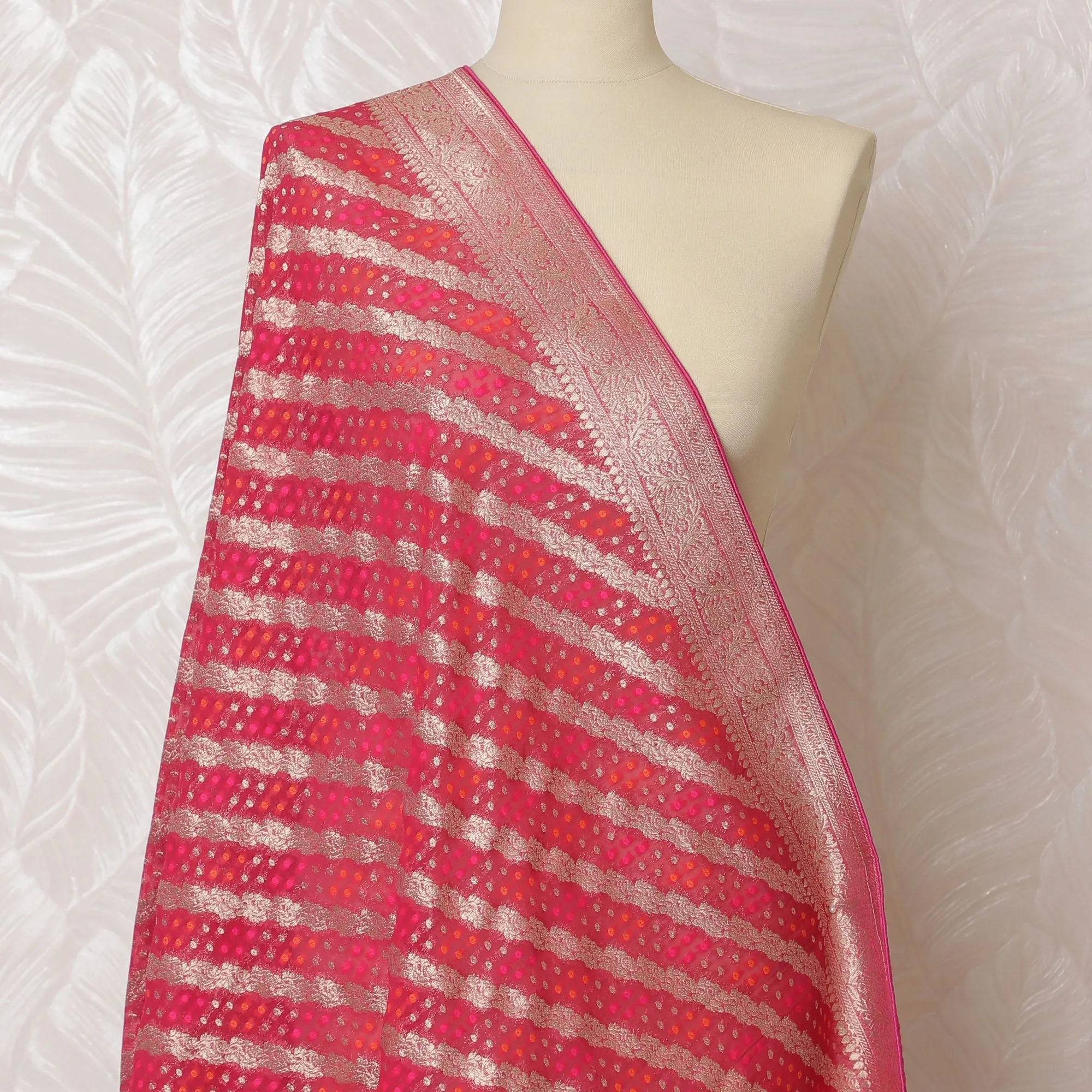 Stunning Rose Pink Synthetic Brocade Dupatta with Silver Stripes and Delicate Border, 85x230 cm-D19319
