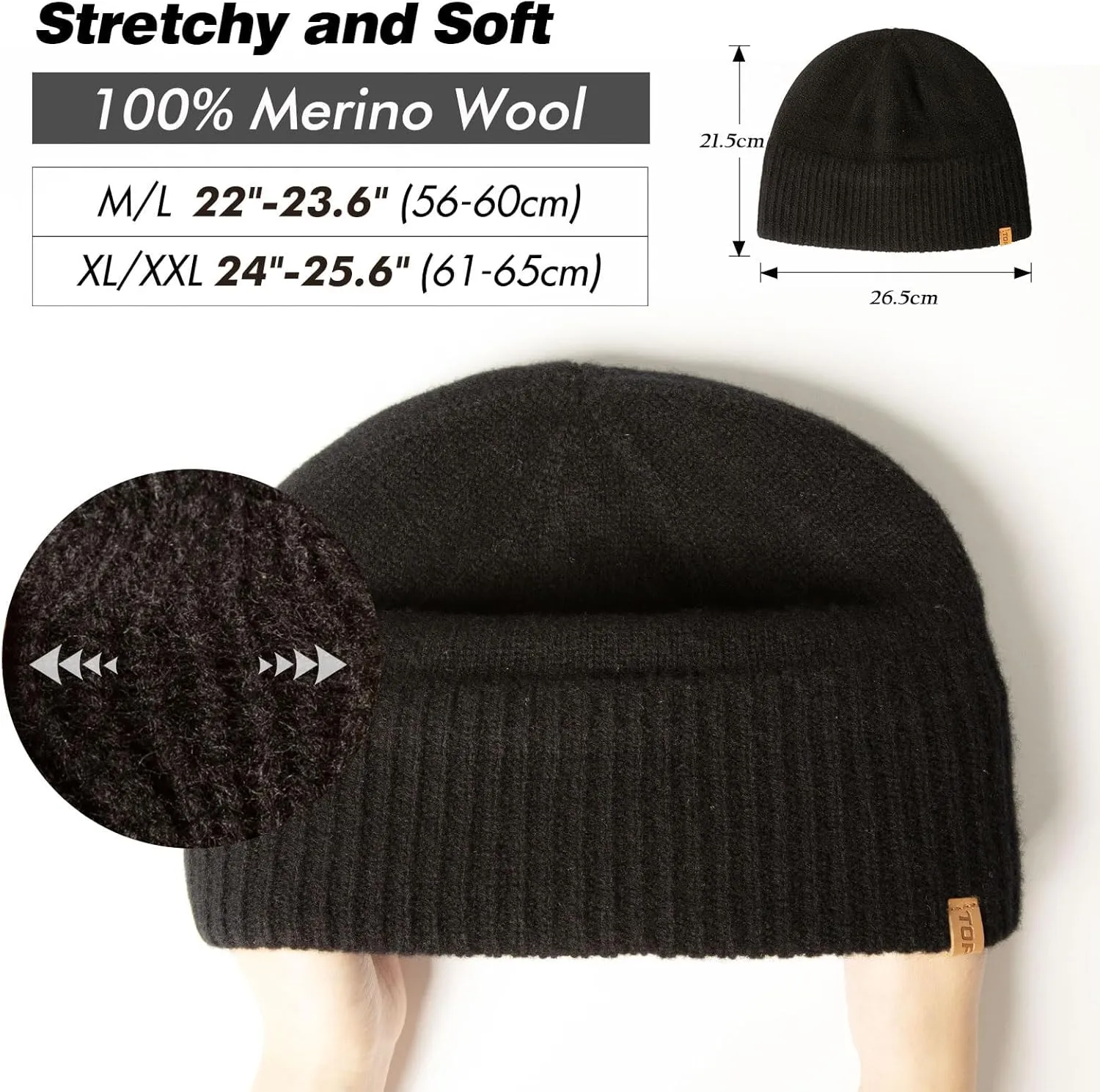 TOP-EX Oversized L/XL/XXL 100% Merino Wool Beanie Fleece Lined Cuffed Watch Fisherman Cap