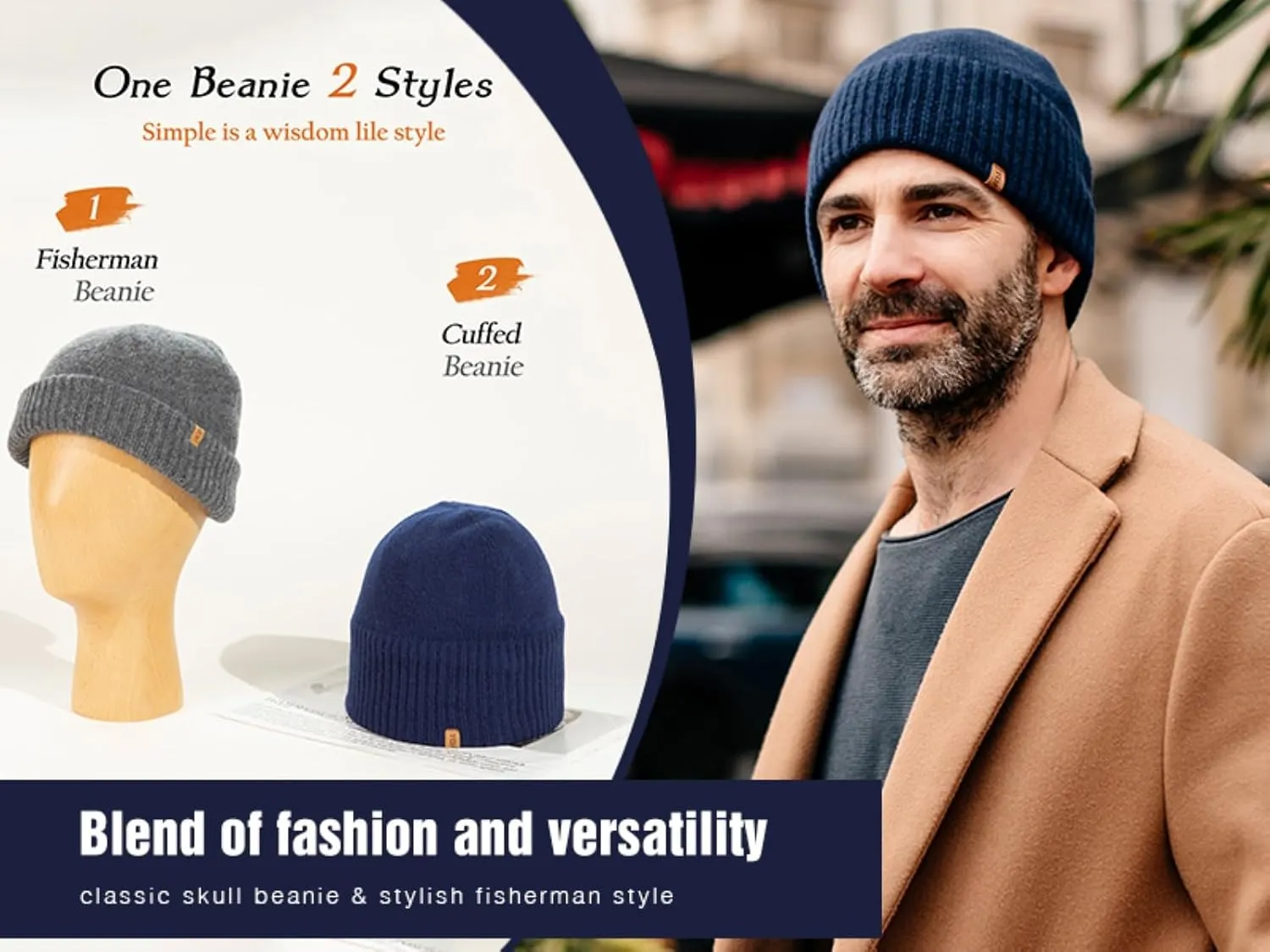 TOP-EX Oversized L/XL/XXL 100% Merino Wool Beanie Fleece Lined Cuffed Watch Fisherman Cap