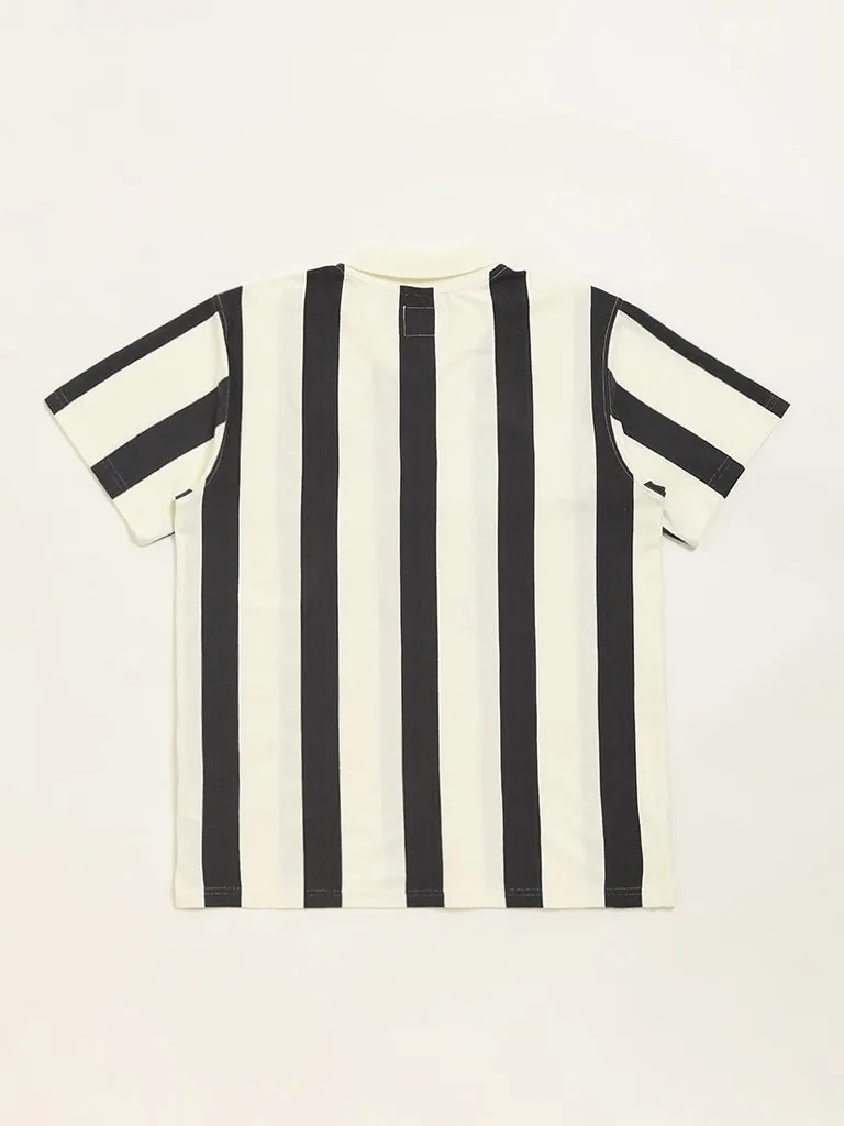Y&F Kids Black Stripe Printed Polo Cotton T-Shirt