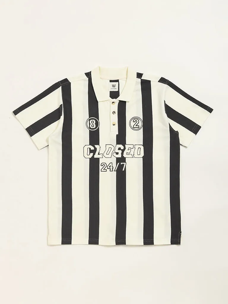 Y&F Kids Black Stripe Printed Polo Cotton T-Shirt