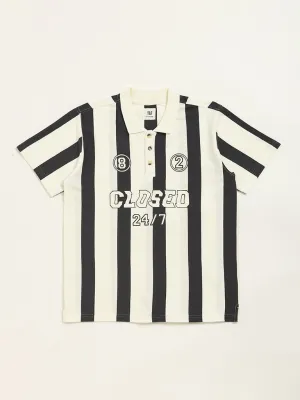 Y&F Kids Black Stripe Printed Polo Cotton T-Shirt
